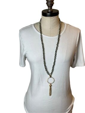 Long Gray Beaded Necklace with Gold Ring & Tassel Pendant